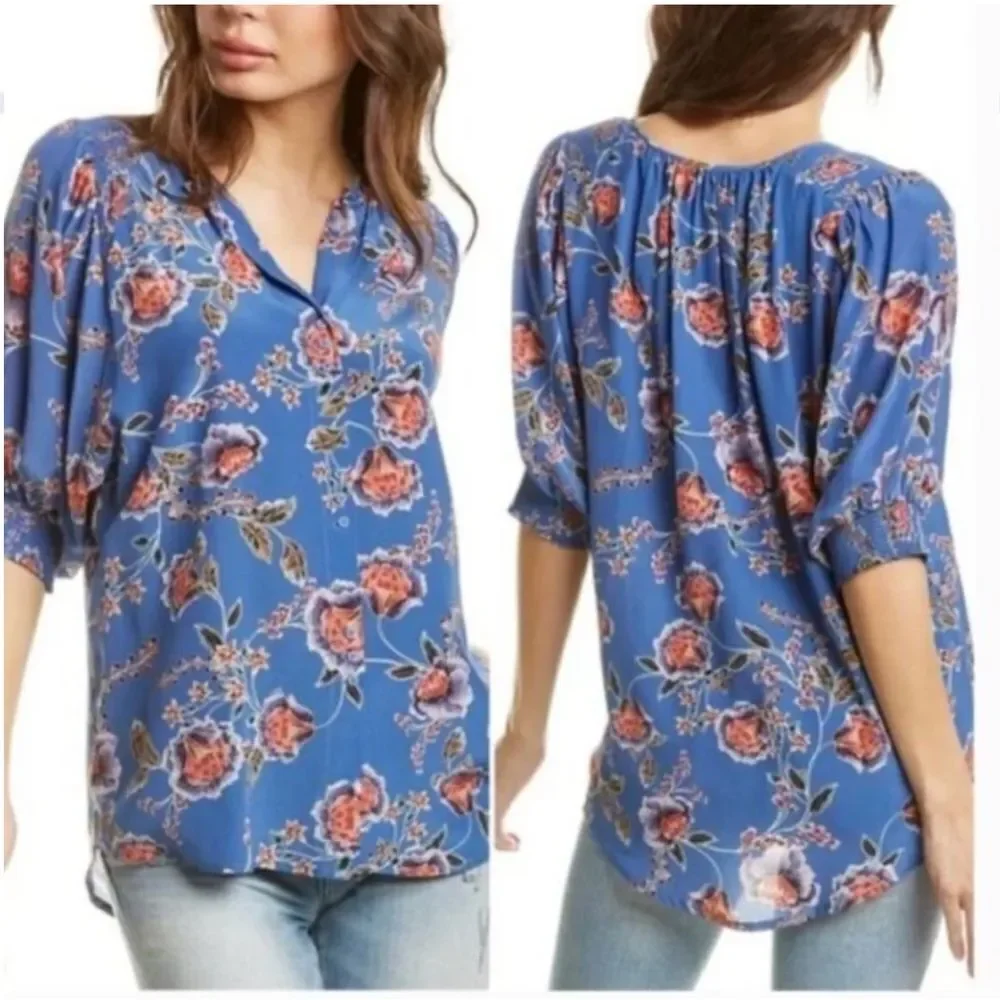 Johnny Was Jade Raine Easy Blouse Silk Blue Floral Puff Sleeve Top Sz S